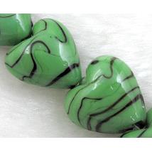 lampwork glass beads, heart, black stripe, green