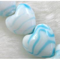 lampwork glass beads, heart, aqua stripe, white