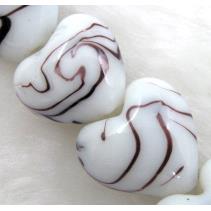 lampwork glass beads, heart, purple stripe, white