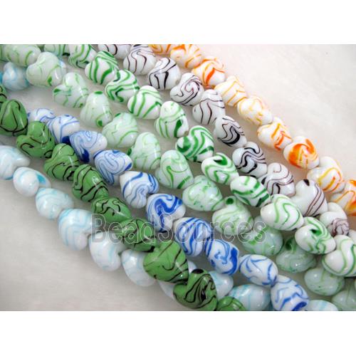 lampwork glass beads, heart, stripe, mixed color