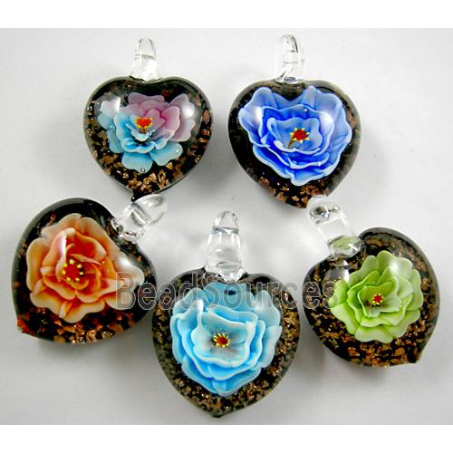 Lampwork Glass Pendant with goldsand, heart, flower, mixed color