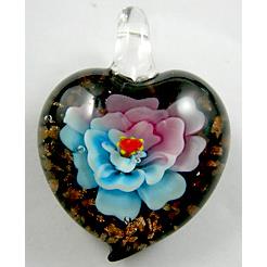 Lampwork Glass Pendant with goldsand, heart, flower, blue