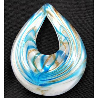 murano style glass lampwork pendant, teardrop, blue line