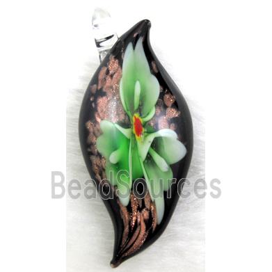 murano style glass lampwork pendant with goldsand, leaf, green flower