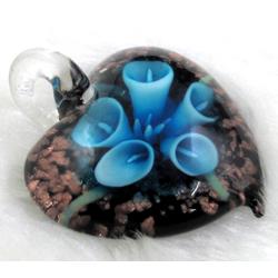 murano style glass lampwork pendant with goldsand, heart, sky-blue flower