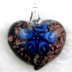 murano style glass lampwork pendant with goldsand, heart, blue flower