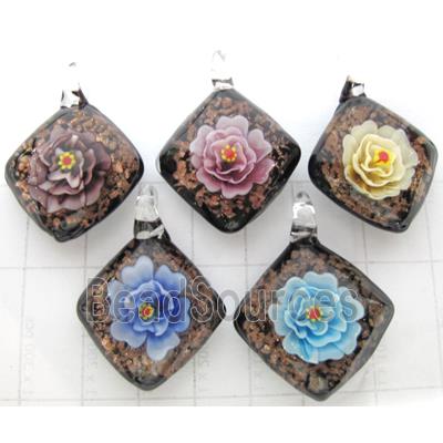 murano style lampwork glass pendant with goldsand, square, flower, mixed color