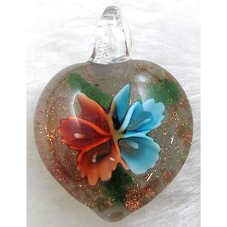 murano style lampwork glass pendant with goldsand, heart, butterfly, mixed color