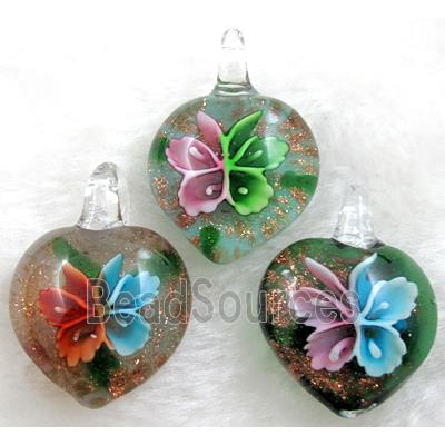 murano style lampwork glass pendant with goldsand, heart, butterfly, mixed color