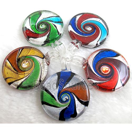 dichromatic glass lampwork pendant with silver foil, flat-round, mixed color