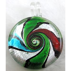 dichromatic glass lampwork pendant with silver foil, flat-round, mixed color