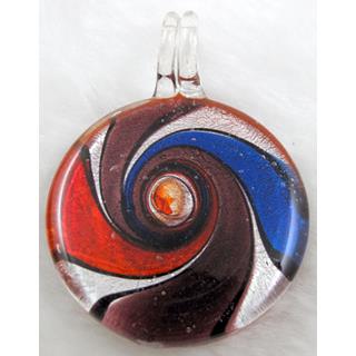 dichromatic glass lampwork pendant with silver foil, flat-round, mixed color