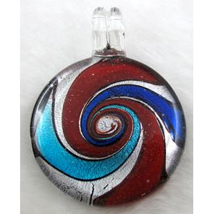 dichromatic glass lampwork pendant with silver foil, flat-round, mixed color