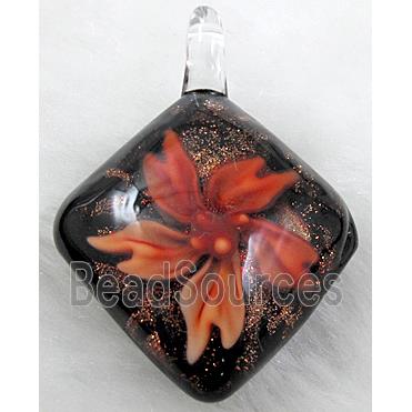 murano style lampwork glass pendant with goldsand, flower, red