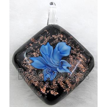 murano style lampwork glass pendant with goldsand, flower, blue