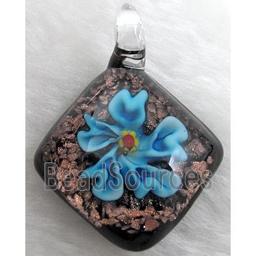 murano style lampwork glass pendant with goldsand, flower, blue