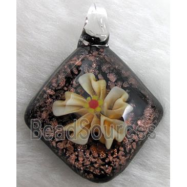 murano style lampwork glass pendant with goldsand, flower, lt.yellow