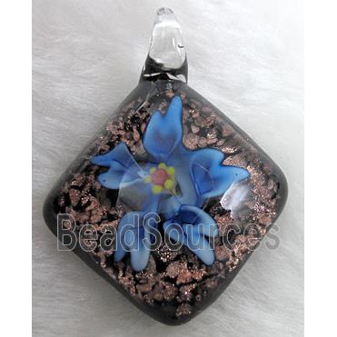 murano style lampwork glass pendant with goldsand, flower, blue