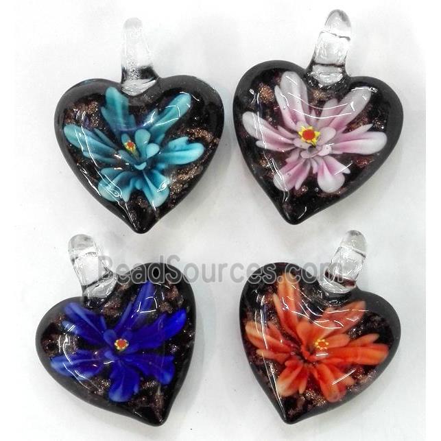 lampwork pendant within flower, heart