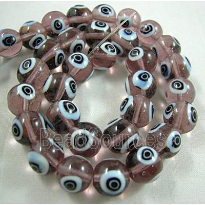 lampwork glass beads with evil eye, round, lt.purple