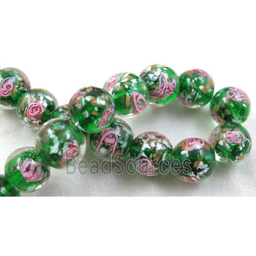 lampwork glass beads, flower, round, green