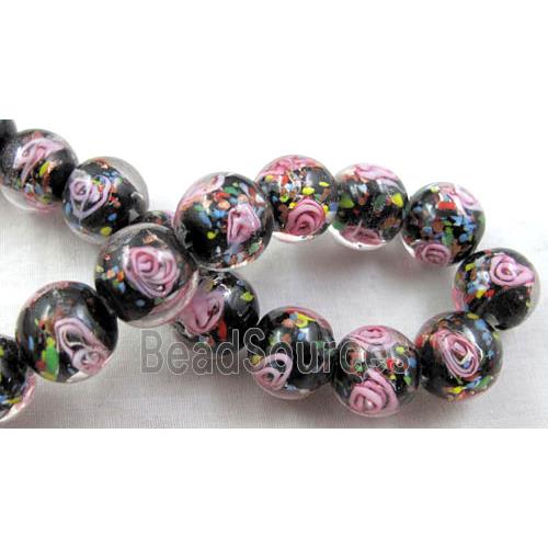 lampwork glass beads, flower, round, black