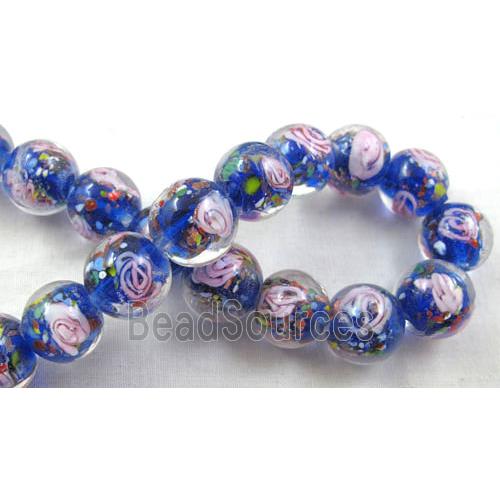 lampwork glass beads, flower, round, blue