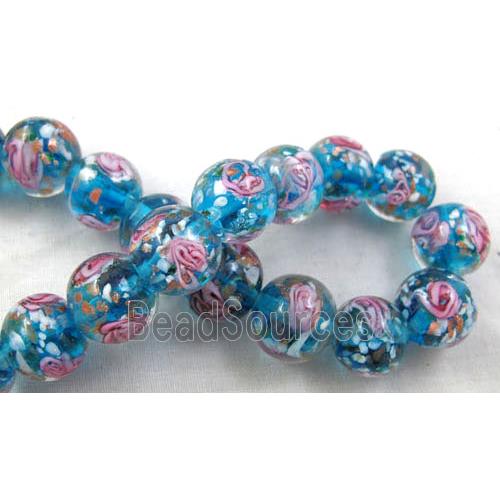 lampwork glass beads, flower, round, aqua