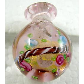 Lampwork Glass Bottle pendant with gold foil and flower, mix