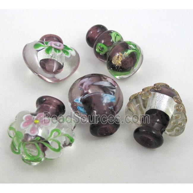 purple glass lampwork pendant, bottle, mixed shaped