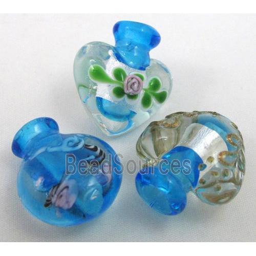 aqua glass lampwork pendant, bottle, mixed shaped