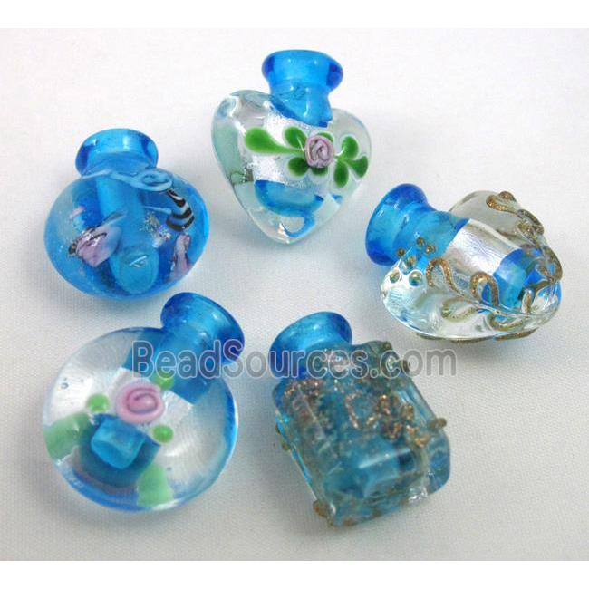 aqua glass lampwork pendant, bottle, mixed shaped