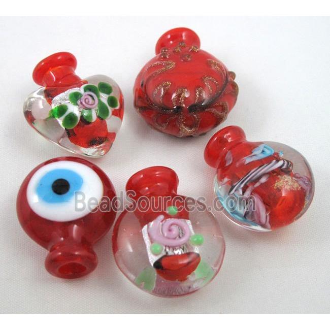 red glass lampwork pendant, bottle, mixed shaped