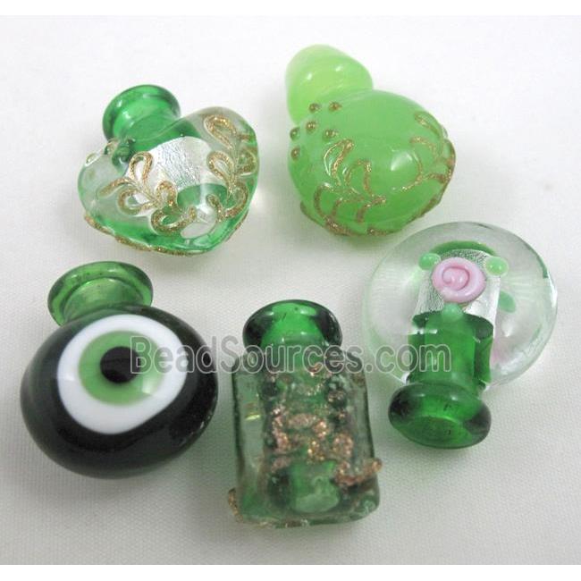 green glass lampwork bottle pendant, mixed shaped