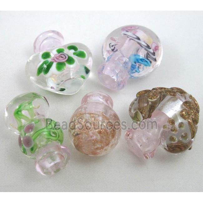 pink glass lampwork bottle pendant, mixed shaped