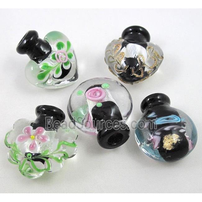 black glass lampwork bottle pendant, mixed shaped