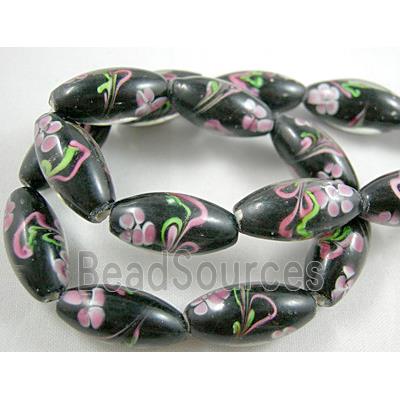 black lampwork glass beads, barrel, flower