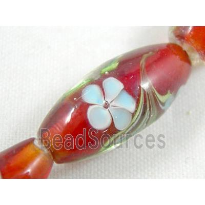 red lampwork glass beads, barrel, flower