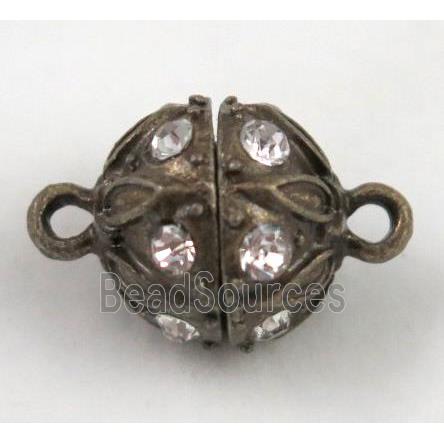 Magnetic alloy connector clasp paved rhinestone, antique bronze