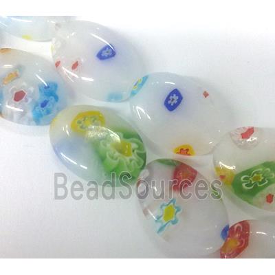 Millefiori glass bead, flat-oval, mixed