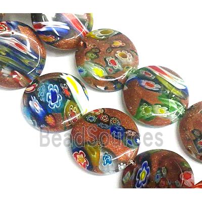 Millefiori glass bead with goldsand, flat-round, mixed