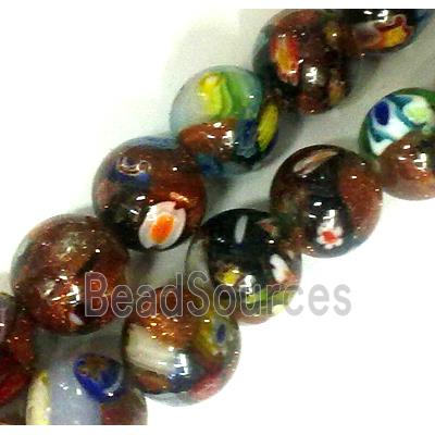 Millefiori glass bead with goldsand, mixed, round