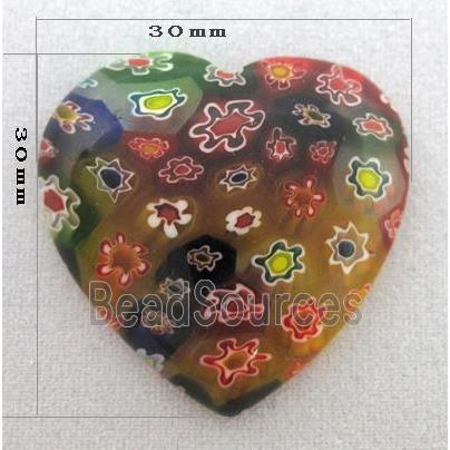 Murano Millefiori Glass Cabochon, heart, multi-flower, flat-back