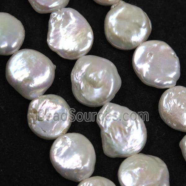 Ffreshwater pearl button beads, natural color, coin round, white