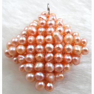 freshwater pearl pendant, cluster, square, handcraft, mixed color