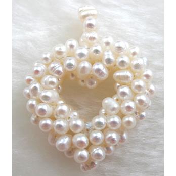 freshwater pearl pendant, cluster, heart, handcraft, white