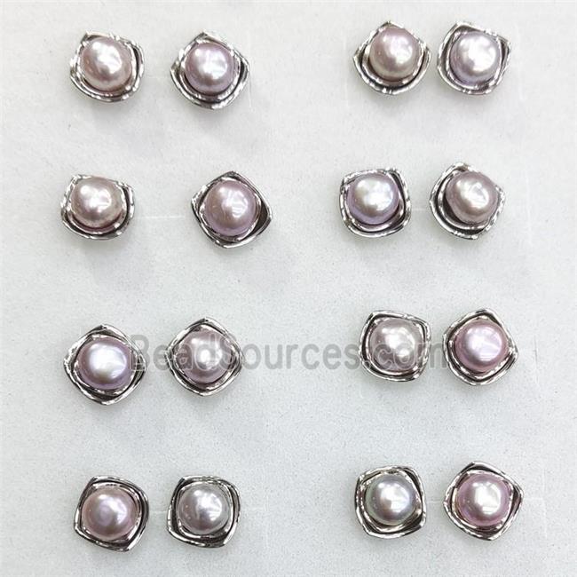 925 Sterling Silver Natural Pearl Stud Earring Flower Antique Silver