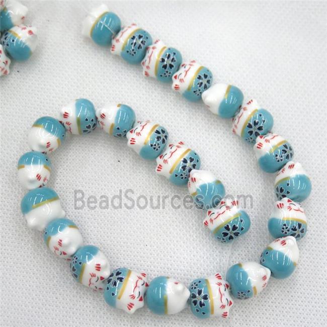 aqua Oriental Porcelain beads, fortune cat