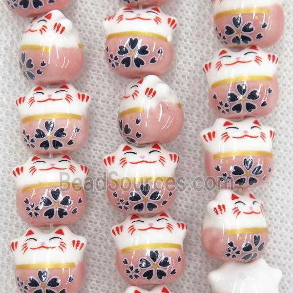 pink Oriental Porcelain beads, fortune cat