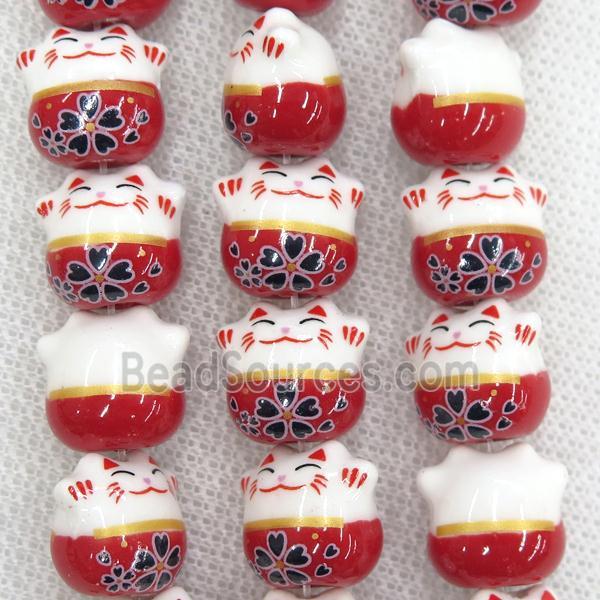 red Oriental Porcelain beads, fortune cat